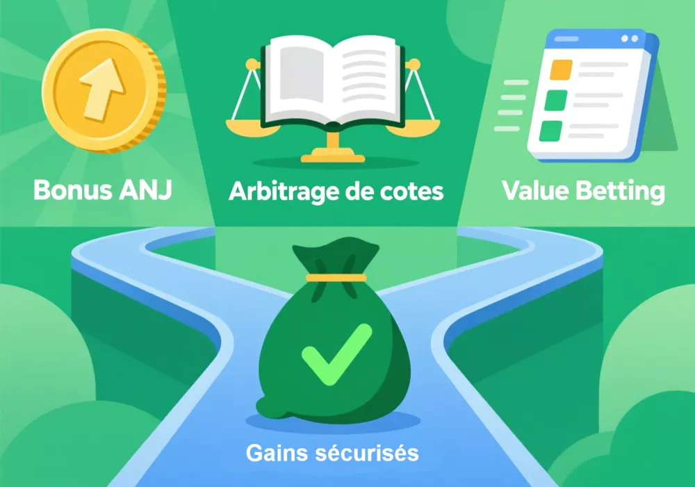 Trois chemins vers la réussite avec les bookmakers légaux : bonus ANJ, arbitrage de cotes, value betting - conduisant à des gains sécurisés