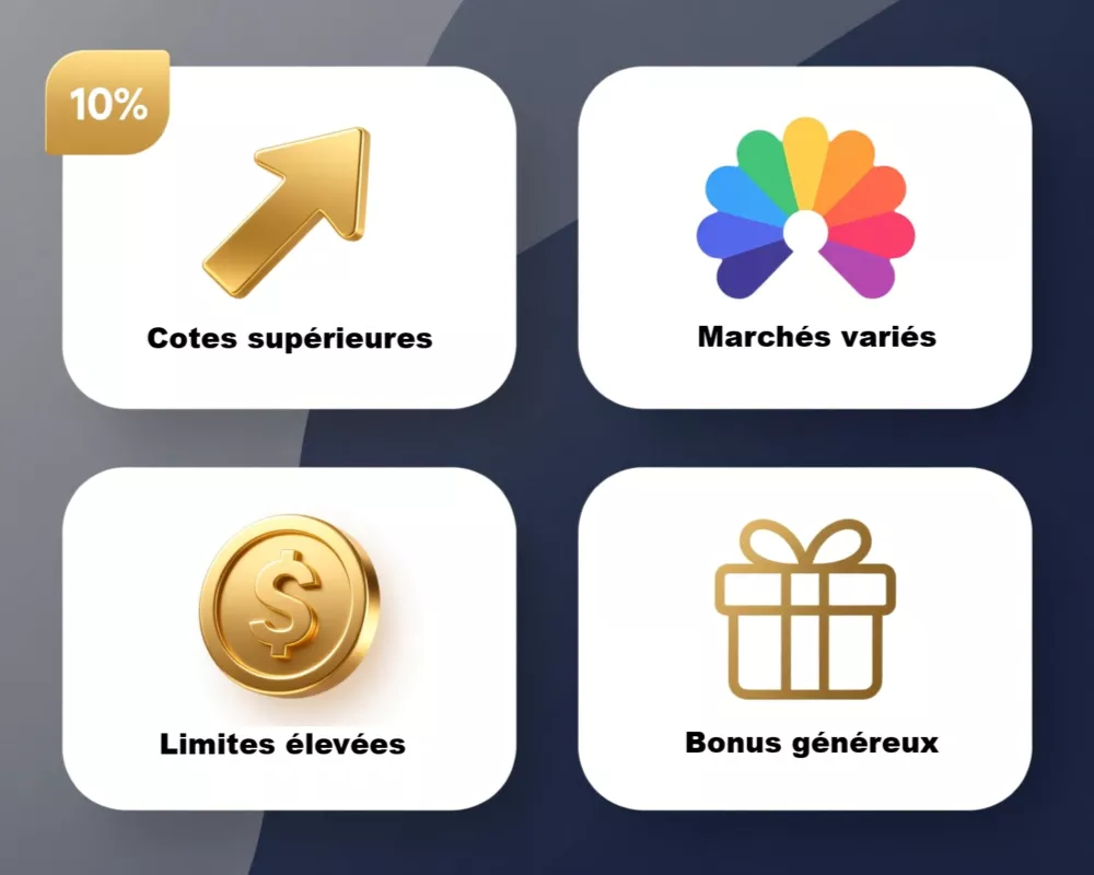 Infographie des 4 principaux arguments des partisans des bookmakers offshore : cotes supérieures, marchés variés, limites élevées, bonus généreux